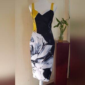 PRABAL GURUNG Yellow Black White Floral Mid-length Fitted Sleeveless Dress